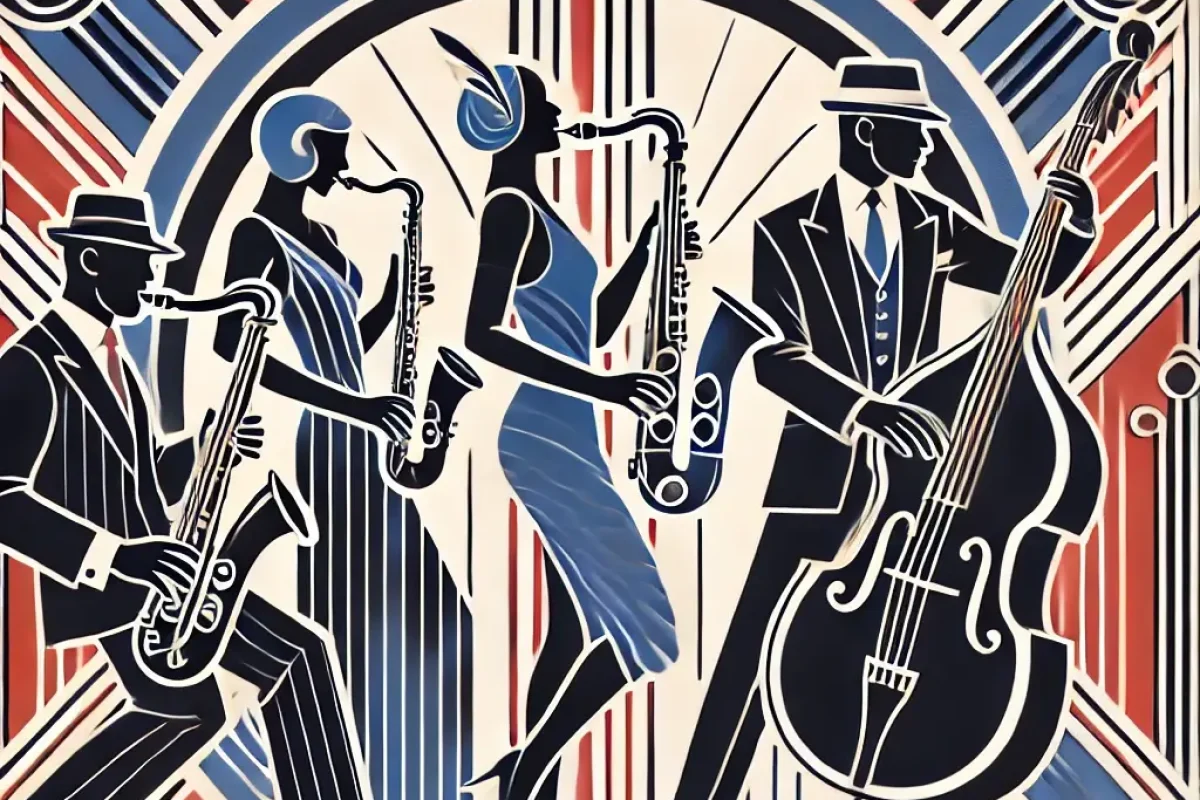 DALL·E 2024-10-20 15.04.09 - A jazz-themed image in art deco style featuring musicians playing instruments such as a saxophone, trumpet, and double bass. The background incorporat