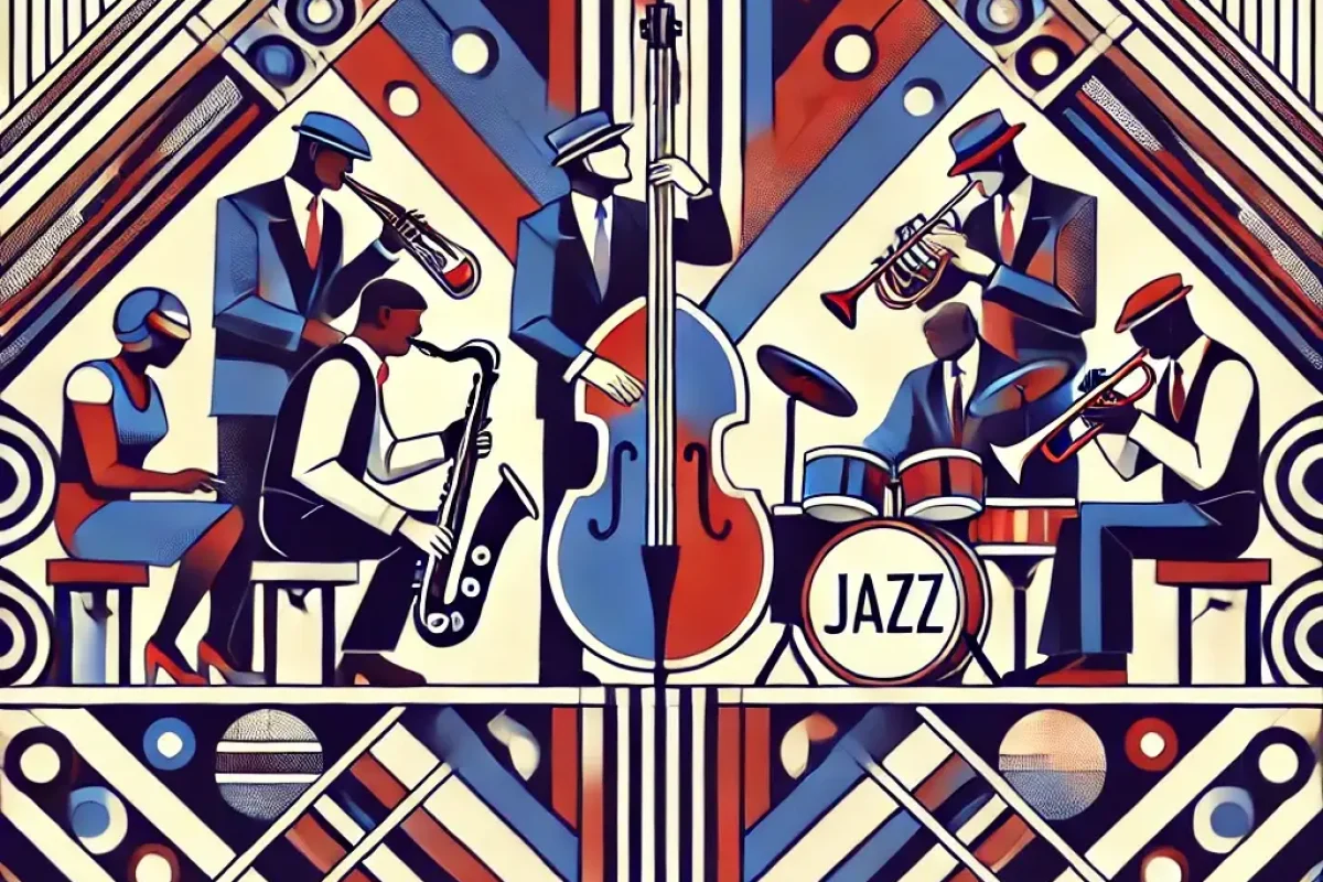 DALL·E 2024-10-20 15.06.22 - A jazz-themed art deco image featuring a vibrant musical scene that reflects the themes of cultural unity, resilience, and improvisation. Musicians pl