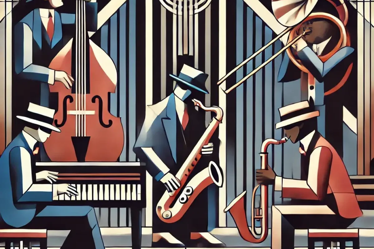 DALL·E 2024-10-20 15.08.36 - A jazz-themed art deco image inspired by the life and influence of Albert Murray, featuring musicians playing instruments like the trumpet, saxophone,