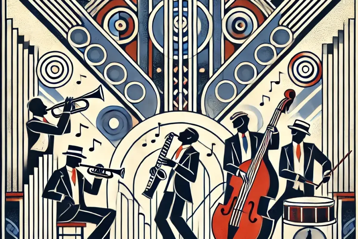 DALL·E 2024-10-24 16.58.33 - A jazz-themed art deco image inspired by the themes of melancholy, resilience, and joy, reflecting the life and teachings of Albert Murray. Musicians