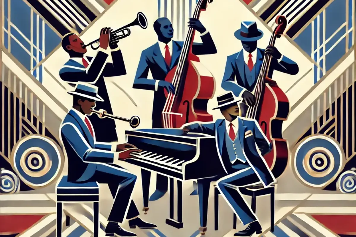 DALL·E 2024-10-24 17.02.56 - An art deco-style jazz-themed image with musicians playing instruments such as the trumpet, saxophone, and piano. The design reflects themes of unity,