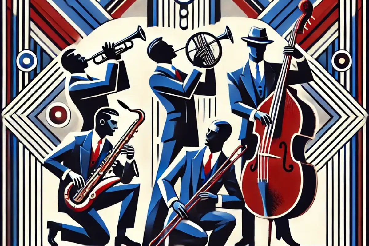 DALL·E 2024-10-24 17.10.39 - A jazz-themed art deco image featuring musicians playing instruments like the trumpet, saxophone, and double bass. The composition emphasizes themes o