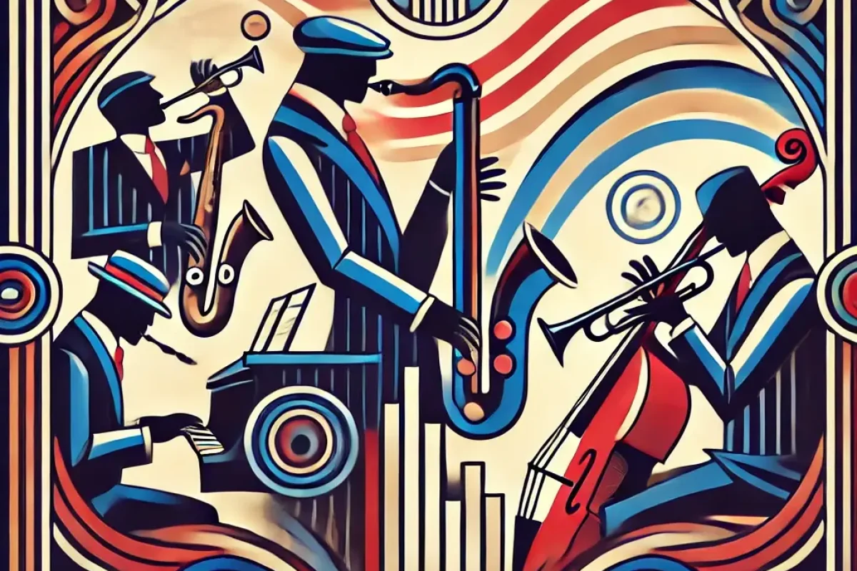 DALL·E 2024-10-27 01.28.45 - A vibrant Art Deco-style jazz-themed illustration. Musicians are depicted with flowing, rhythmic lines representing movement and improvisation. There’