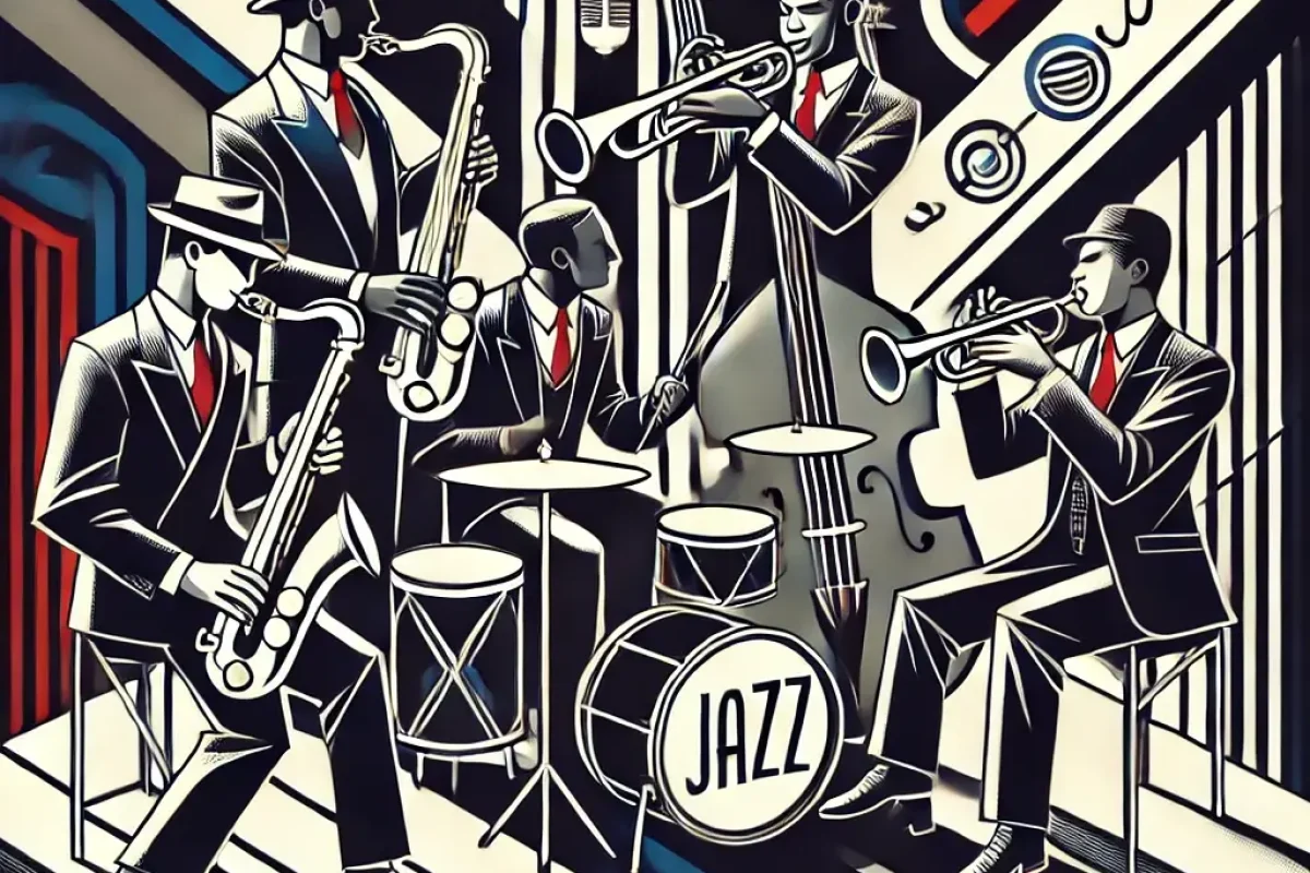 DALL·E 2024-10-27 20.38.23 - An Art Deco-style jazz-themed illustration featuring musicians in mid-performance, capturing the lively energy and cultural synthesis that jazz embodi