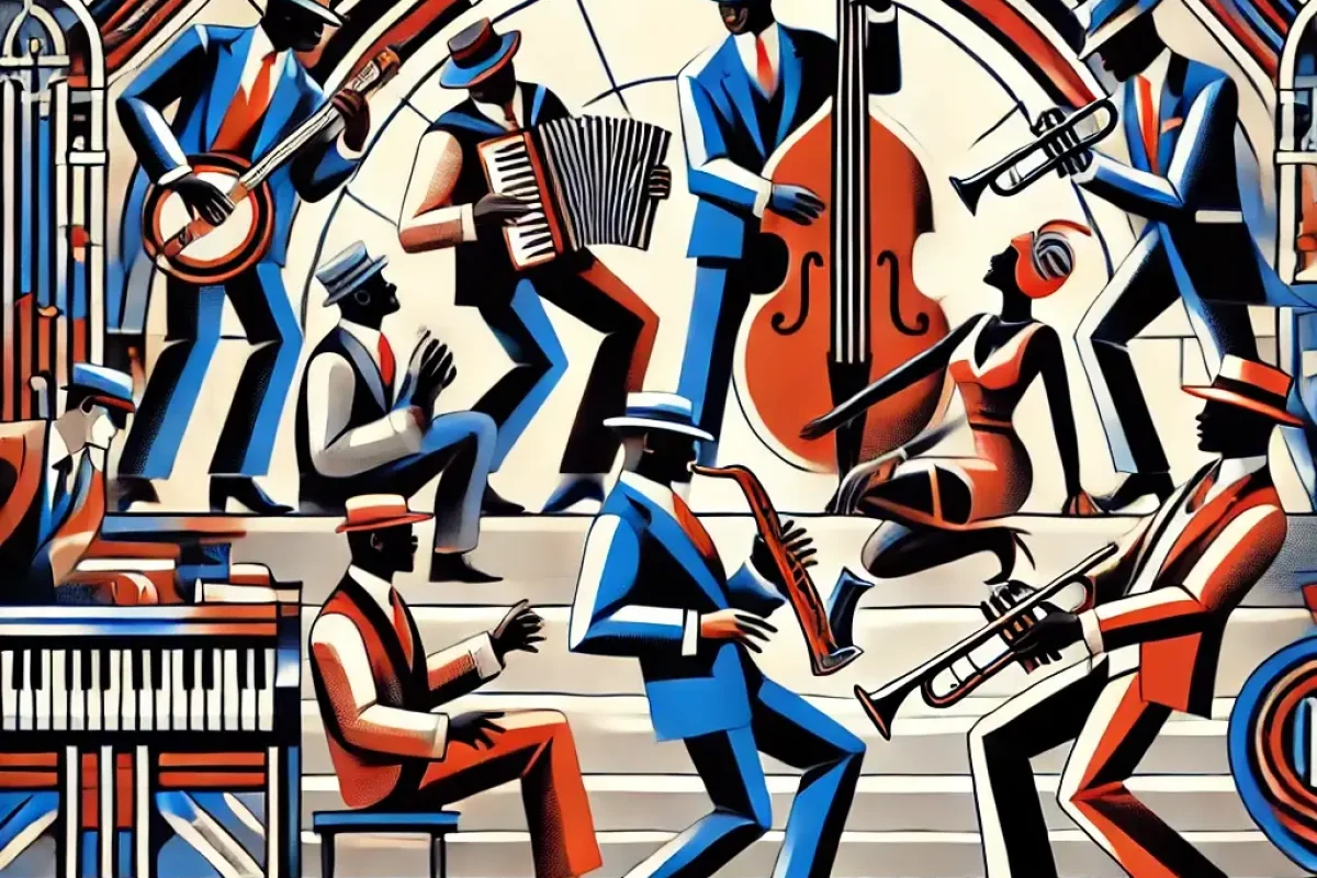 DALL·E 2024-10-27 20.45.07 - An Art Deco-style illustration inspired by jazz music, featuring vibrant musicians and dancers engaged in a dynamic scene that represents the energy o