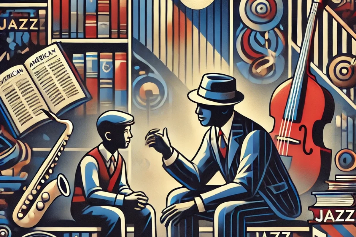 DALL·E 2024-10-27 20.59.11 - A jazz-themed Art Deco-style illustration capturing the essence of mentorship, cultural history, and musical wisdom. In the scene, an intimate gatheri