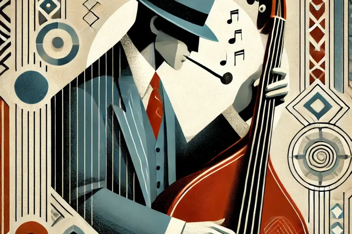 DALL·E 2024-10-28 20.49.50 - An Art Deco-style jazz-themed illustration capturing the spirit of Albert Murray's novels, especially the character Scooter's journey. The image depic